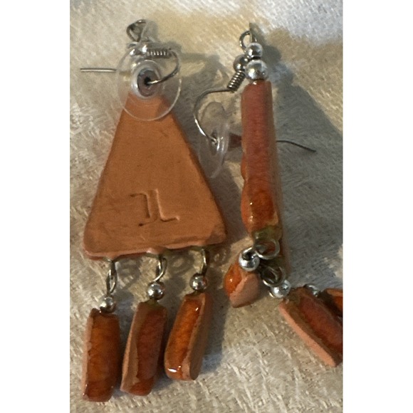 Vintage Artisan Ceramic Earrings Boho Folk Art Dangle Clay Handmade - Picture 4 of 4
